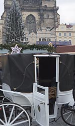 A horse carriage on Old Town Square at Christmas